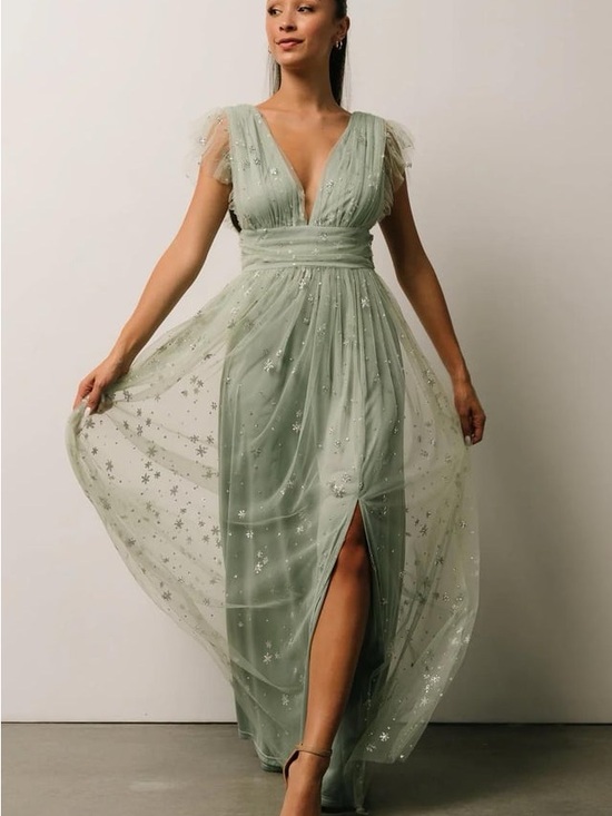 Baltic Born Dresses & Skirts - Sage Green Plunge V-Neck Tulle Evening Dress